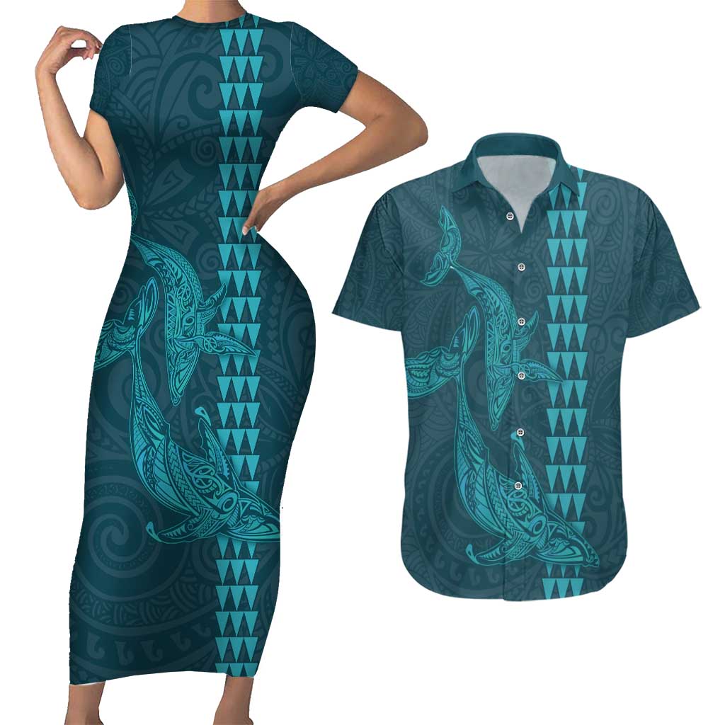 Aloha Hawaii Whale Kakau and Polynesian Tattoo Couples Matching Short Sleeve Bodycon Dress and Hawaiian Shirt Turquoise Color LT03 Turquoise - Polynesian Pride