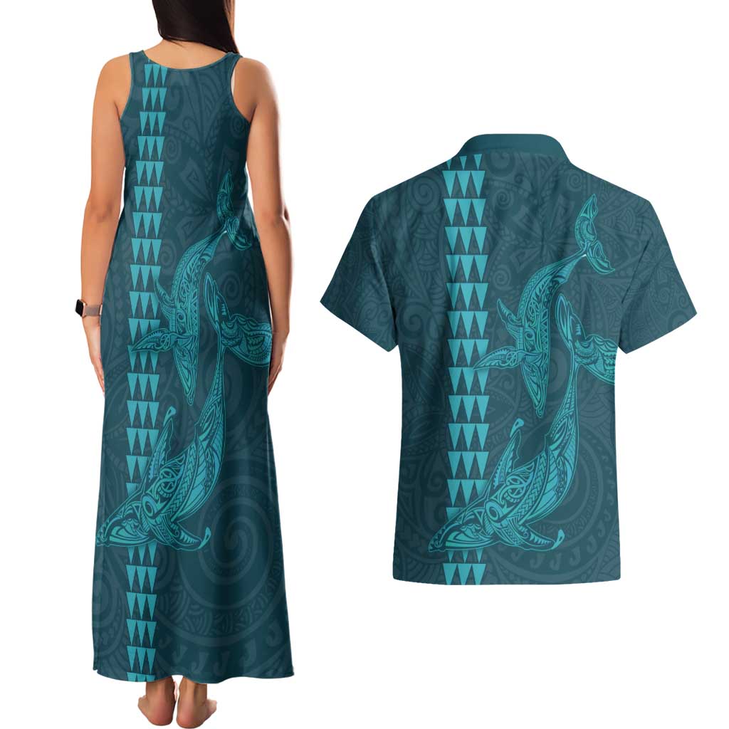 Aloha Hawaii Whale Kakau and Polynesian Tattoo Couples Matching Tank Maxi Dress and Hawaiian Shirt Turquoise Color