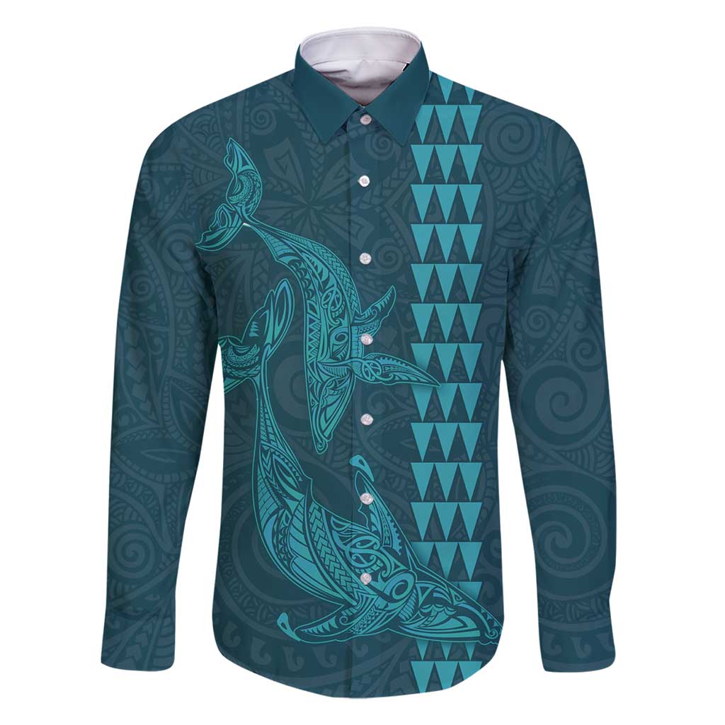 Aloha Hawaii Whale Kakau and Polynesian Tattoo Family Matching Mermaid Dress and Hawaiian Shirt Turquoise Color LT03 Dad's Shirt - Long Sleeve Turquoise - Polynesian Pride