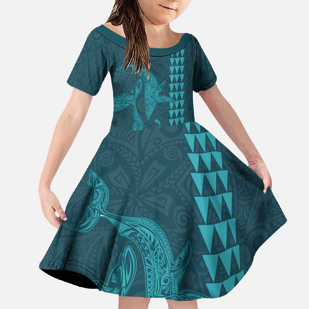 Aloha Hawaii Whale Kakau and Polynesian Tattoo Family Matching Off Shoulder Maxi Dress and Hawaiian Shirt Turquoise Color LT03 Daughter's Dress Turquoise - Polynesian Pride