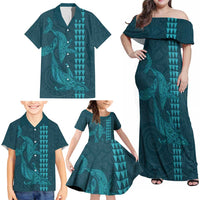 Aloha Hawaii Whale Kakau and Polynesian Tattoo Family Matching Off Shoulder Maxi Dress and Hawaiian Shirt Turquoise Color LT03 - Polynesian Pride