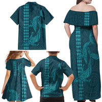 Aloha Hawaii Whale Kakau and Polynesian Tattoo Family Matching Off Shoulder Maxi Dress and Hawaiian Shirt Turquoise Color LT03 - Polynesian Pride