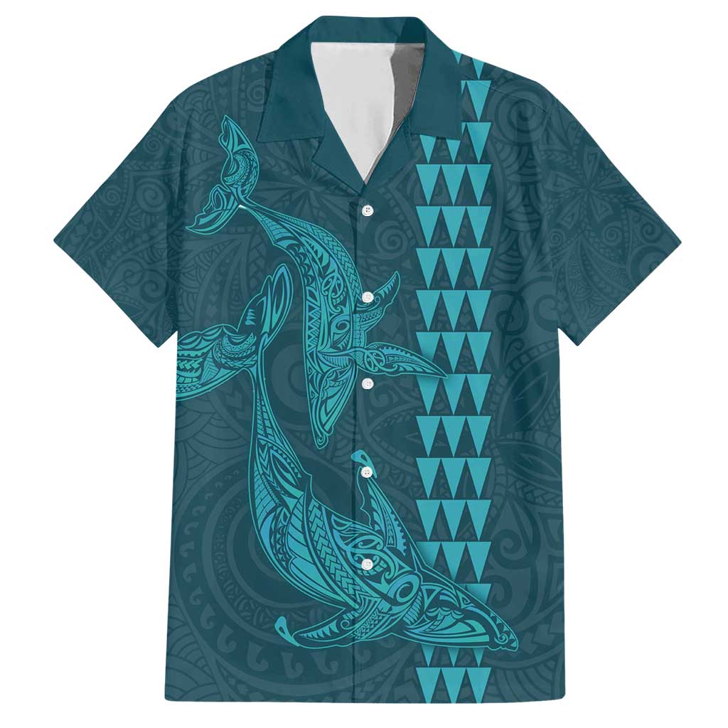 Aloha Hawaii Whale Kakau and Polynesian Tattoo Family Matching Short Sleeve Bodycon Dress and Hawaiian Shirt Turquoise Color