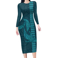 Aloha Hawaii Whale Kakau and Polynesian Tattoo Long Sleeve Bodycon Dress Turquoise Color LT03 Long Dress Turquoise - Polynesian Pride