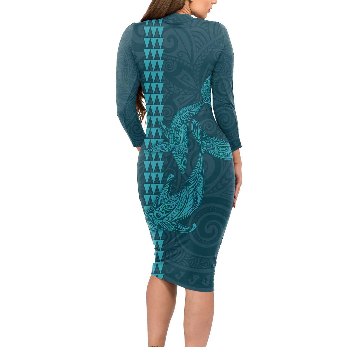 Aloha Hawaii Whale Kakau and Polynesian Tattoo Long Sleeve Bodycon Dress Turquoise Color LT03 - Polynesian Pride