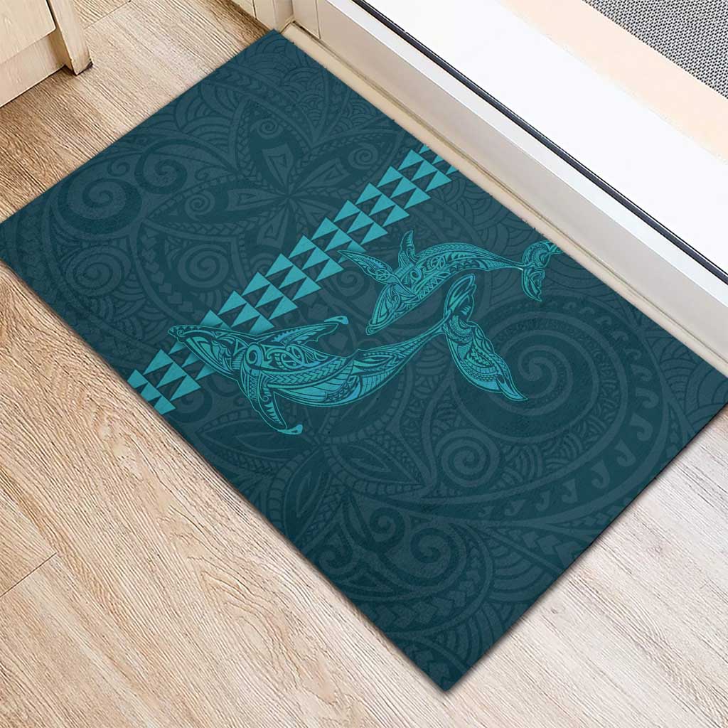 Aloha Hawaii Whale Kakau and Polynesian Tattoo Rubber Doormat Turquoise Color