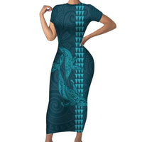 Aloha Hawaii Whale Kakau and Polynesian Tattoo Short Sleeve Bodycon Dress Turquoise Color LT03 Long Dress Turquoise - Polynesian Pride