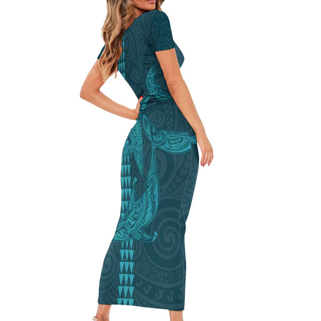 Aloha Hawaii Whale Kakau and Polynesian Tattoo Short Sleeve Bodycon Dress Turquoise Color LT03 - Polynesian Pride