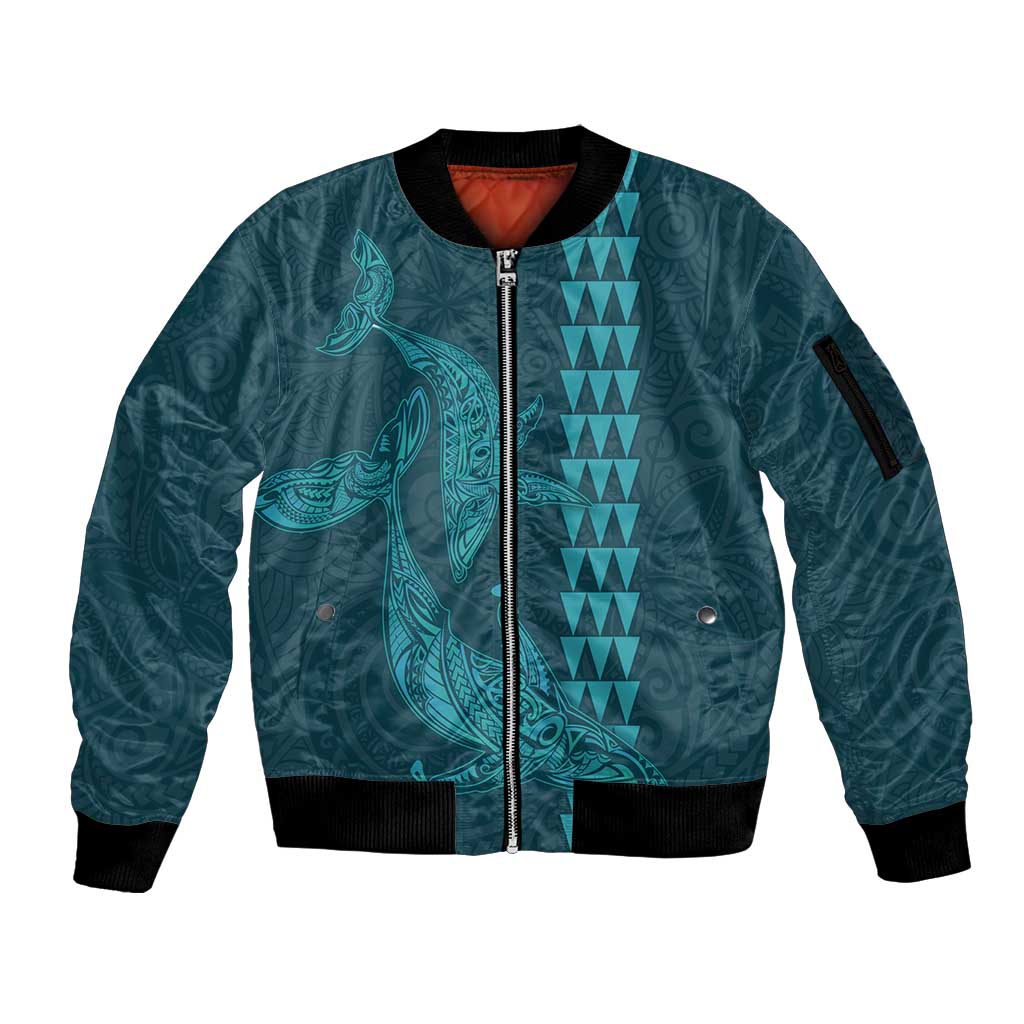 Aloha Hawaii Whale Kakau and Polynesian Tattoo Sleeve Zip Bomber Jacket Turquoise Color LT03 Unisex Turquoise - Polynesian Pride