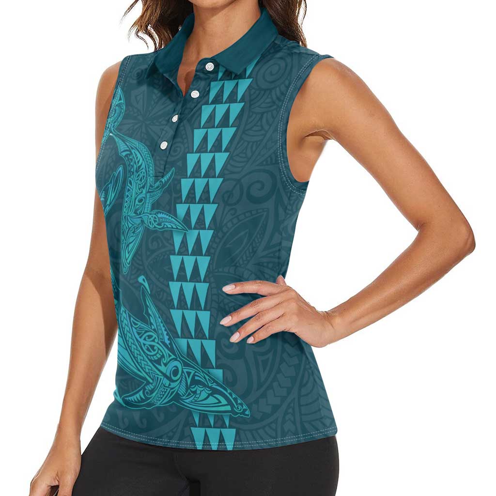 Aloha Hawaii Whale Kakau and Polynesian Tattoo Women Sleeveless Polo Shirt Turquoise Color LT03 - Polynesian Pride