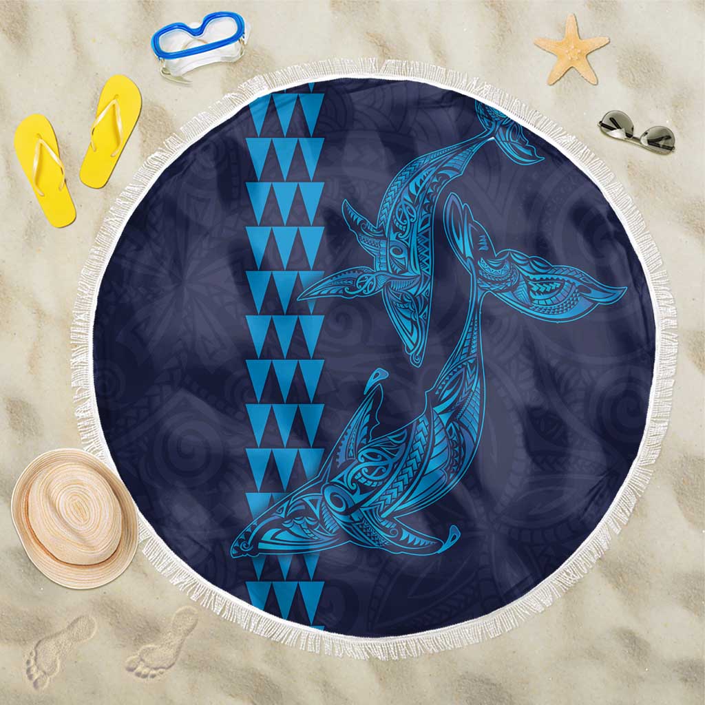 Aloha Hawaii Whale Kakau and Polynesian Tattoo Beach Blanket Dark Navy Color