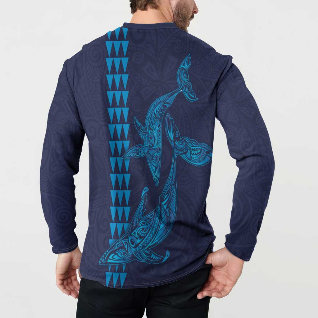 Aloha Hawaii Whale Kakau and Polynesian Tattoo Button Sweatshirt Dark Navy Color
