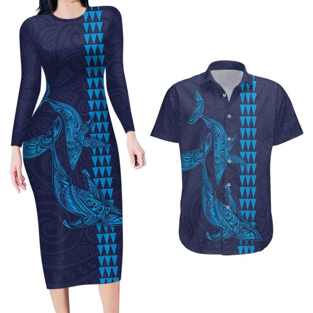 Aloha Hawaii Whale Kakau and Polynesian Tattoo Couples Matching Long Sleeve Bodycon Dress and Hawaiian Shirt Dark Navy Color LT03 Dark Navy - Polynesian Pride