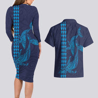 Aloha Hawaii Whale Kakau and Polynesian Tattoo Couples Matching Long Sleeve Bodycon Dress and Hawaiian Shirt Dark Navy Color LT03 - Polynesian Pride