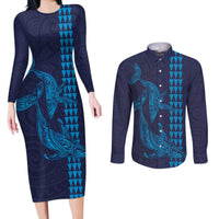 Aloha Hawaii Whale Kakau and Polynesian Tattoo Couples Matching Long Sleeve Bodycon Dress and Long Sleeve Button Shirt Dark Navy Color LT03 Dark Navy - Polynesian Pride