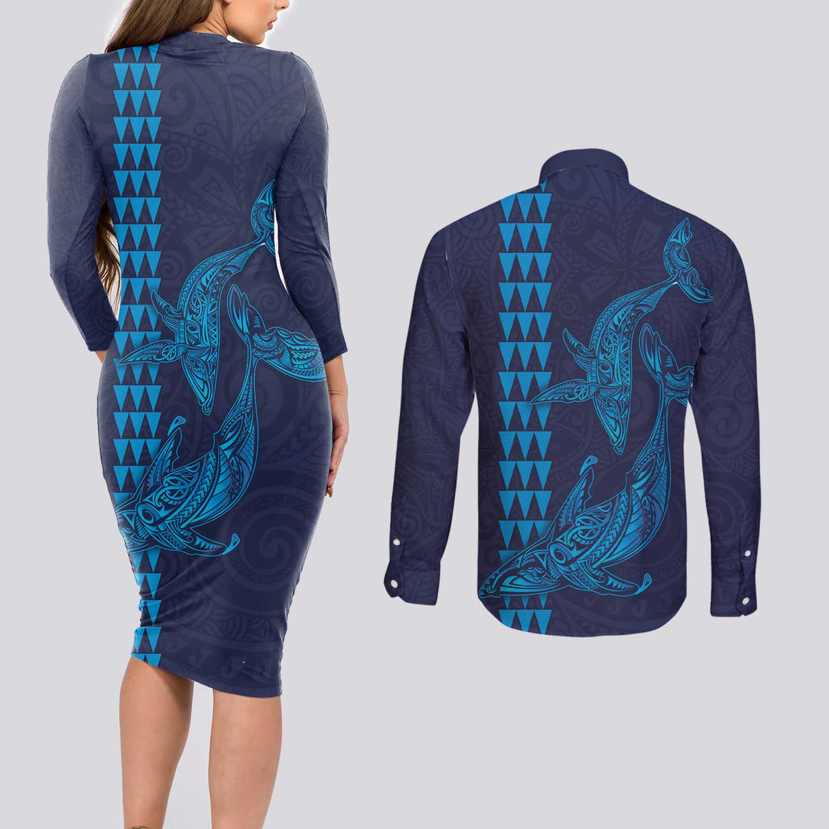 Aloha Hawaii Whale Kakau and Polynesian Tattoo Couples Matching Long Sleeve Bodycon Dress and Long Sleeve Button Shirt Dark Navy Color LT03 - Polynesian Pride
