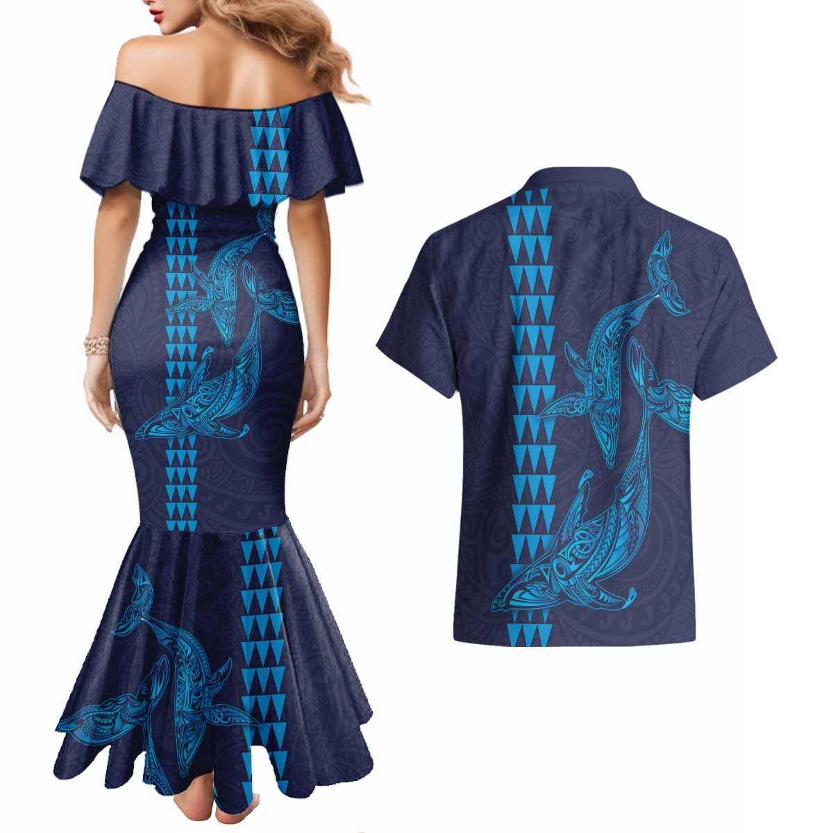 Aloha Hawaii Whale Kakau and Polynesian Tattoo Couples Matching Mermaid Dress and Hawaiian Shirt Dark Navy Color LT03 - Polynesian Pride