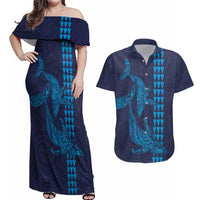 Aloha Hawaii Whale Kakau and Polynesian Tattoo Couples Matching Off Shoulder Maxi Dress and Hawaiian Shirt Dark Navy Color LT03 Dark Navy - Polynesian Pride