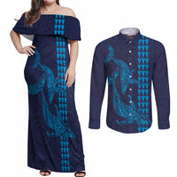 Aloha Hawaii Whale Kakau and Polynesian Tattoo Couples Matching Off Shoulder Maxi Dress and Long Sleeve Button Shirt Dark Navy Color LT03 Dark Navy - Polynesian Pride