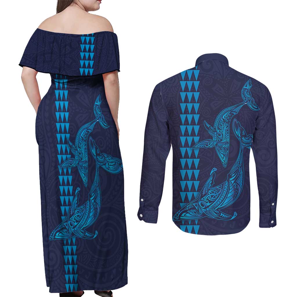 Aloha Hawaii Whale Kakau and Polynesian Tattoo Couples Matching Off Shoulder Maxi Dress and Long Sleeve Button Shirt Dark Navy Color LT03 - Polynesian Pride