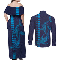 Aloha Hawaii Whale Kakau and Polynesian Tattoo Couples Matching Off Shoulder Maxi Dress and Long Sleeve Button Shirt Dark Navy Color LT03 - Polynesian Pride