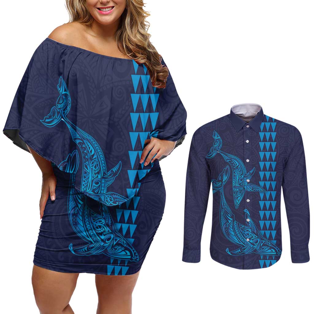 Aloha Hawaii Whale Kakau and Polynesian Tattoo Couples Matching Off Shoulder Short Dress and Long Sleeve Button Shirt Dark Navy Color LT03 Dark Navy - Polynesian Pride