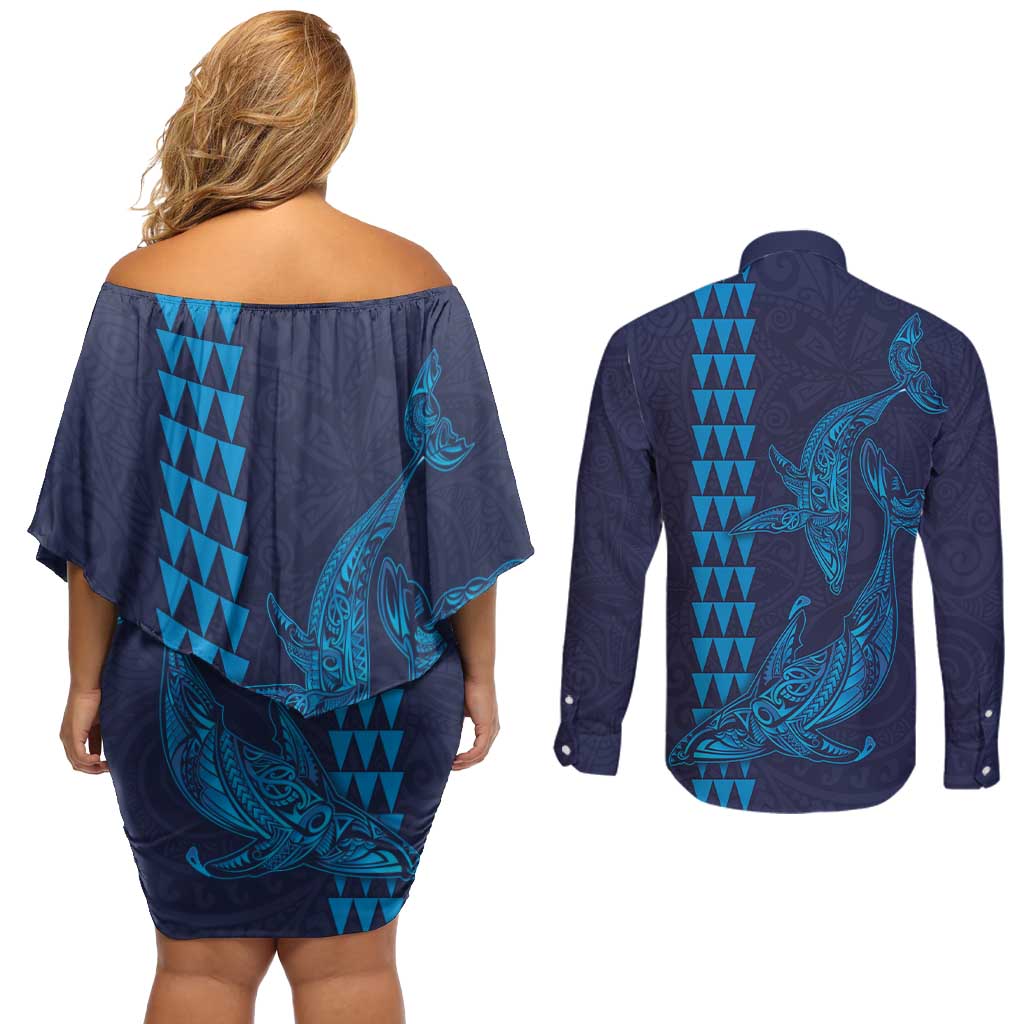 Aloha Hawaii Whale Kakau and Polynesian Tattoo Couples Matching Off Shoulder Short Dress and Long Sleeve Button Shirt Dark Navy Color LT03 - Polynesian Pride