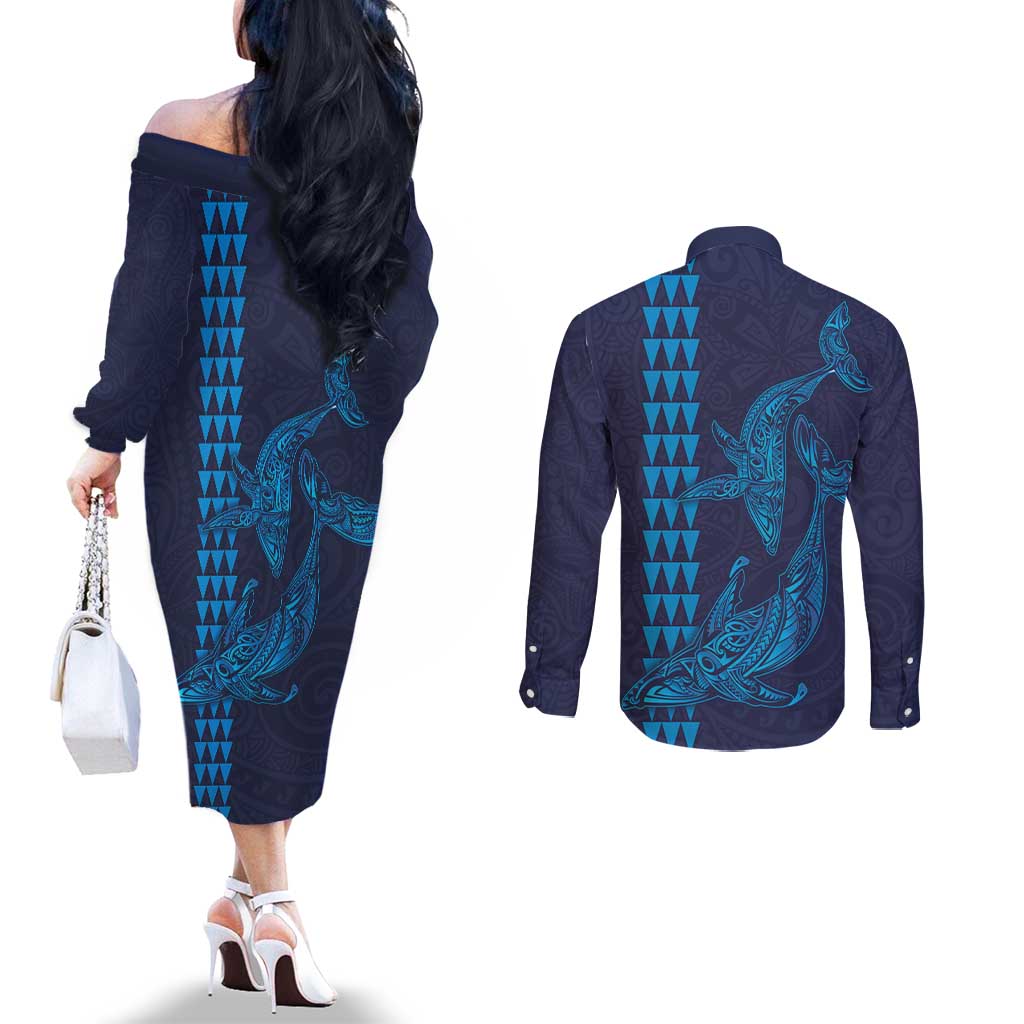 Aloha Hawaii Whale Kakau and Polynesian Tattoo Couples Matching Off The Shoulder Long Sleeve Dress and Long Sleeve Button Shirt Dark Navy Color LT03 - Polynesian Pride