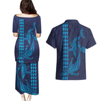Aloha Hawaii Whale Kakau and Polynesian Tattoo Couples Matching Puletasi and Hawaiian Shirt Dark Navy Color LT03 - Polynesian Pride