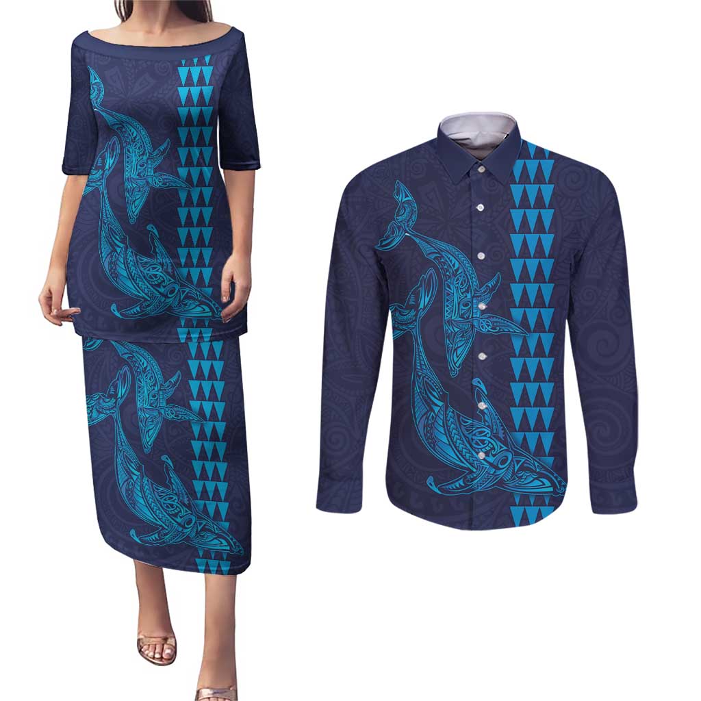 Aloha Hawaii Whale Kakau and Polynesian Tattoo Couples Matching Puletasi and Long Sleeve Button Shirt Dark Navy Color LT03 Dark Navy - Polynesian Pride