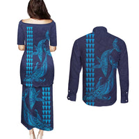 Aloha Hawaii Whale Kakau and Polynesian Tattoo Couples Matching Puletasi and Long Sleeve Button Shirt Dark Navy Color LT03 - Polynesian Pride