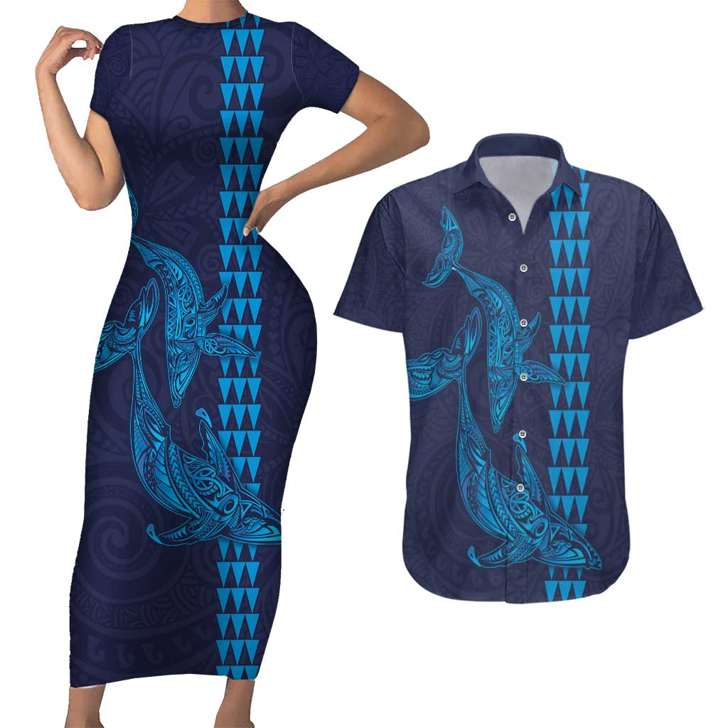 Aloha Hawaii Whale Kakau and Polynesian Tattoo Couples Matching Short Sleeve Bodycon Dress and Hawaiian Shirt Dark Navy Color LT03 Dark Navy - Polynesian Pride