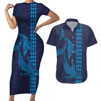 Aloha Hawaii Whale Kakau and Polynesian Tattoo Couples Matching Short Sleeve Bodycon Dress and Hawaiian Shirt Dark Navy Color LT03 Dark Navy - Polynesian Pride