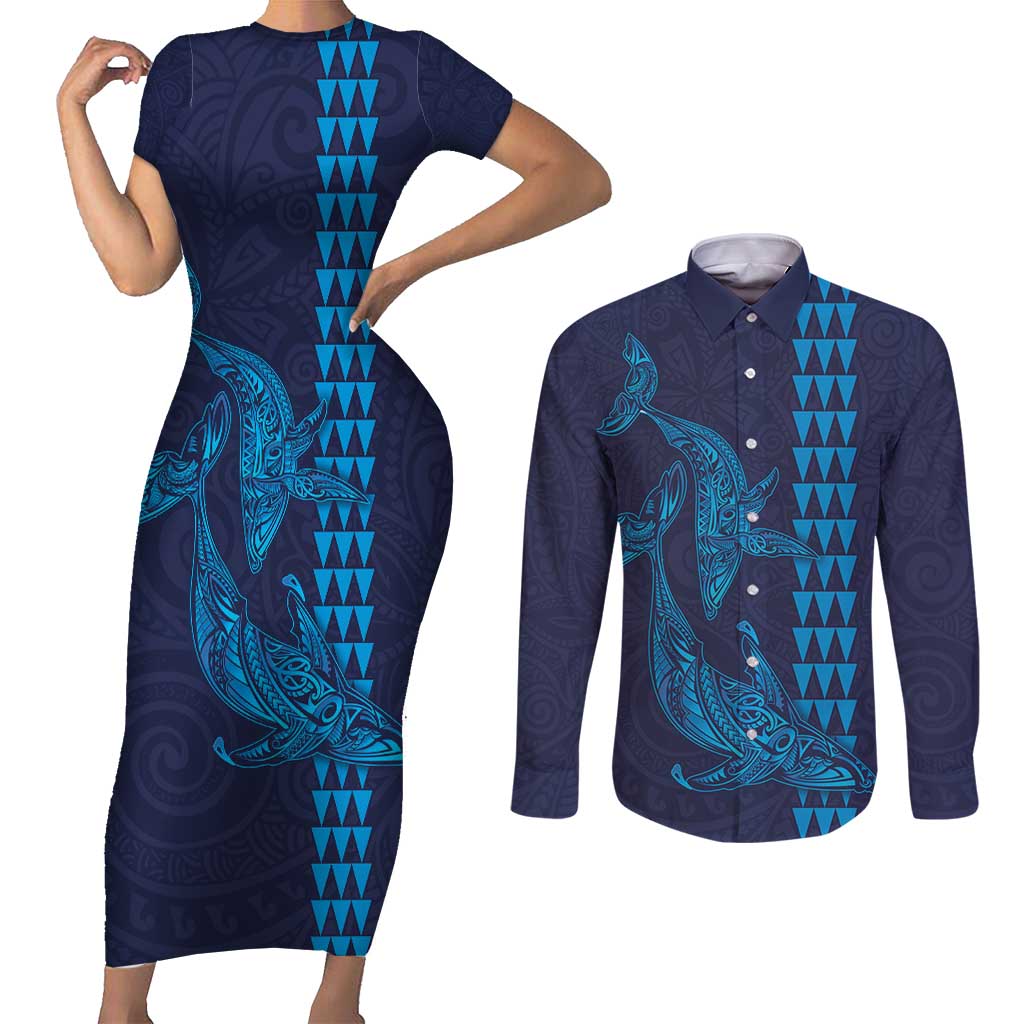 Aloha Hawaii Whale Kakau and Polynesian Tattoo Couples Matching Short Sleeve Bodycon Dress and Long Sleeve Button Shirt Dark Navy Color LT03 Dark Navy - Polynesian Pride
