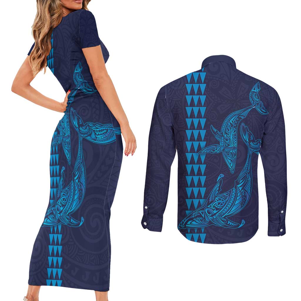 Aloha Hawaii Whale Kakau and Polynesian Tattoo Couples Matching Short Sleeve Bodycon Dress and Long Sleeve Button Shirt Dark Navy Color LT03 - Polynesian Pride