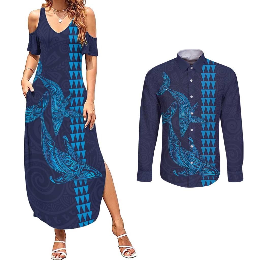 Aloha Hawaii Whale Kakau and Polynesian Tattoo Couples Matching Summer Maxi Dress and Long Sleeve Button Shirt Dark Navy Color
