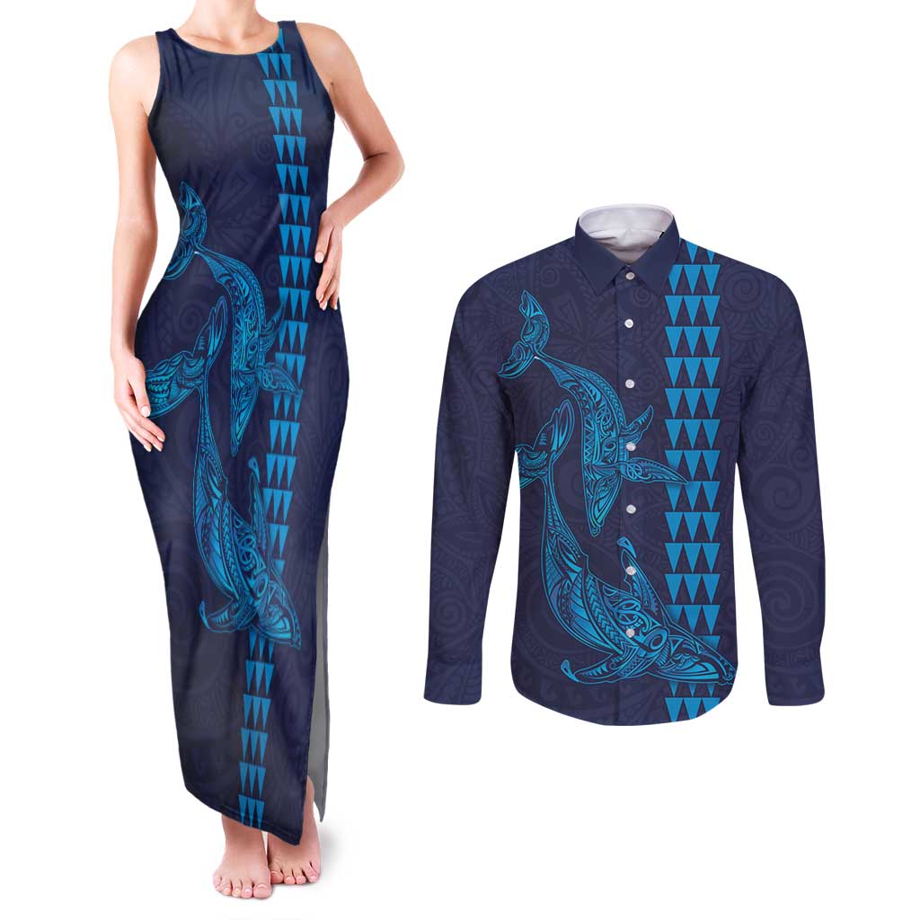 Aloha Hawaii Whale Kakau and Polynesian Tattoo Couples Matching Tank Maxi Dress and Long Sleeve Button Shirt Dark Navy Color LT03 Dark Navy - Polynesian Pride