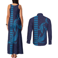 Aloha Hawaii Whale Kakau and Polynesian Tattoo Couples Matching Tank Maxi Dress and Long Sleeve Button Shirt Dark Navy Color LT03 - Polynesian Pride