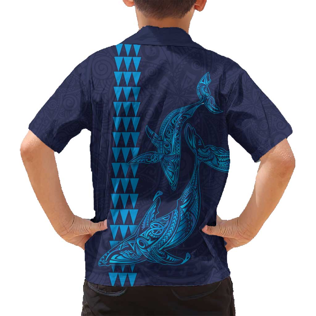 Aloha Hawaii Whale Kakau and Polynesian Tattoo Family Matching Long Sleeve Bodycon Dress and Hawaiian Shirt Dark Navy Color LT03 - Polynesian Pride