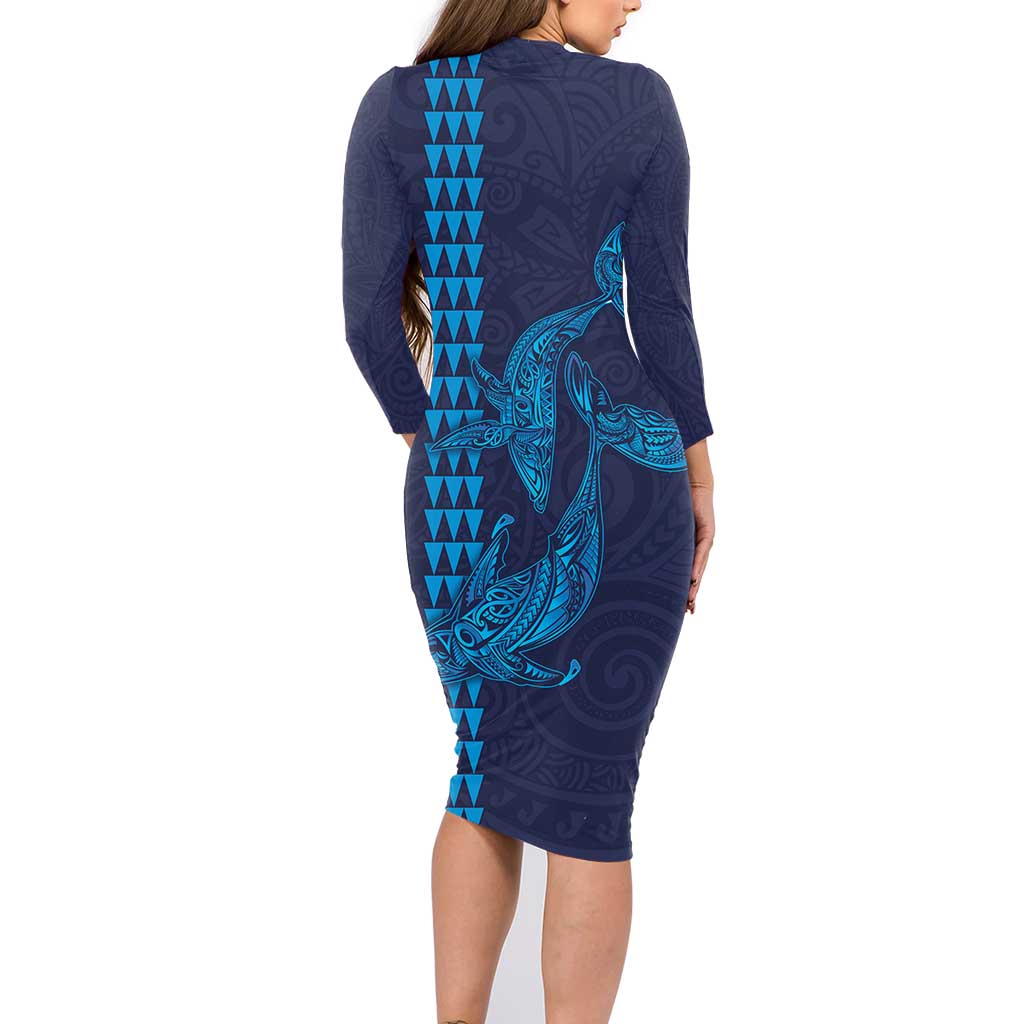 Aloha Hawaii Whale Kakau and Polynesian Tattoo Family Matching Long Sleeve Bodycon Dress and Hawaiian Shirt Dark Navy Color LT03 - Polynesian Pride