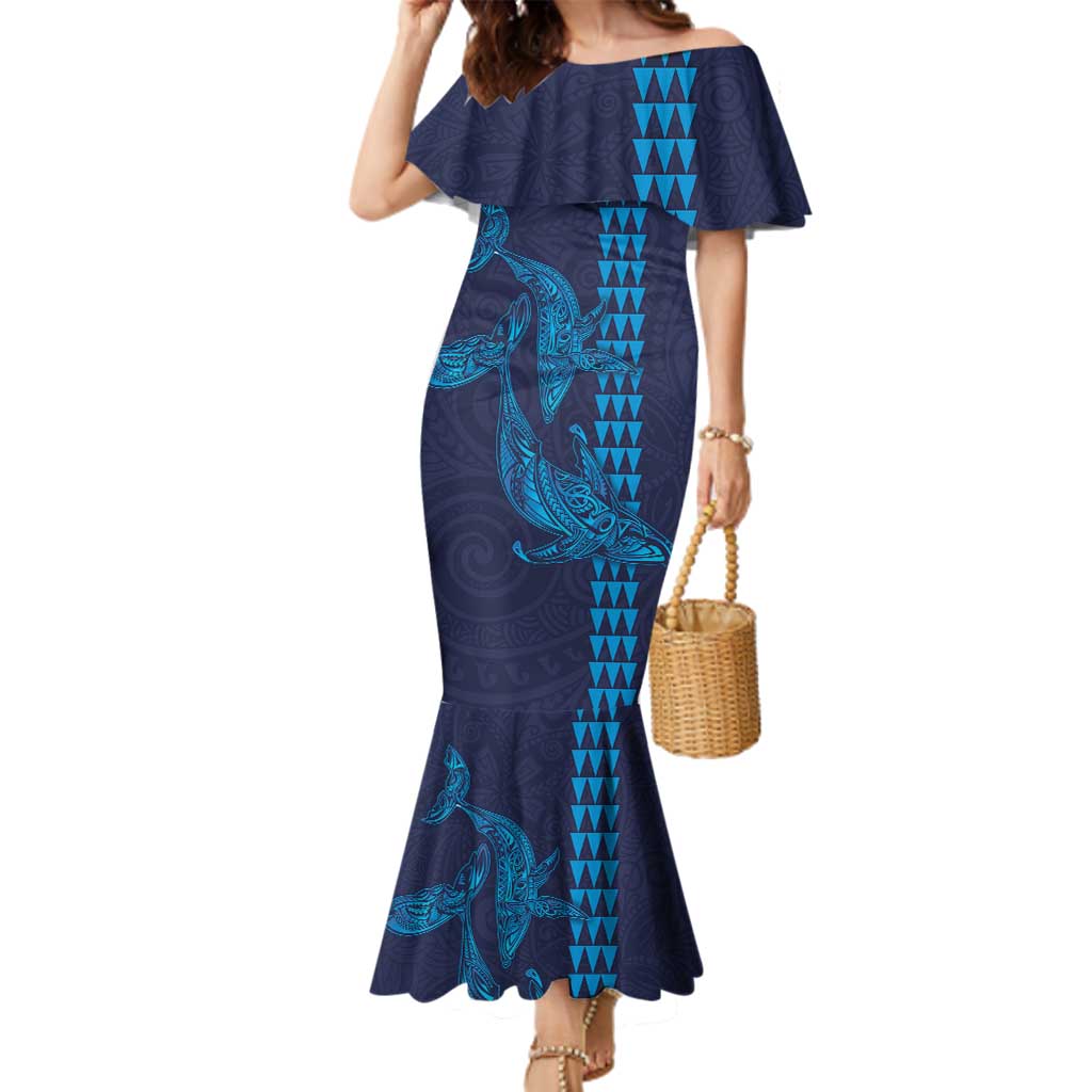 Aloha Hawaii Whale Kakau and Polynesian Tattoo Family Matching Mermaid Dress and Hawaiian Shirt Dark Navy Color LT03 Mom's Dress Dark Navy - Polynesian Pride