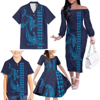 Aloha Hawaii Whale Kakau and Polynesian Tattoo Family Matching Off The Shoulder Long Sleeve Dress and Hawaiian Shirt Dark Navy Color LT03 - Polynesian Pride