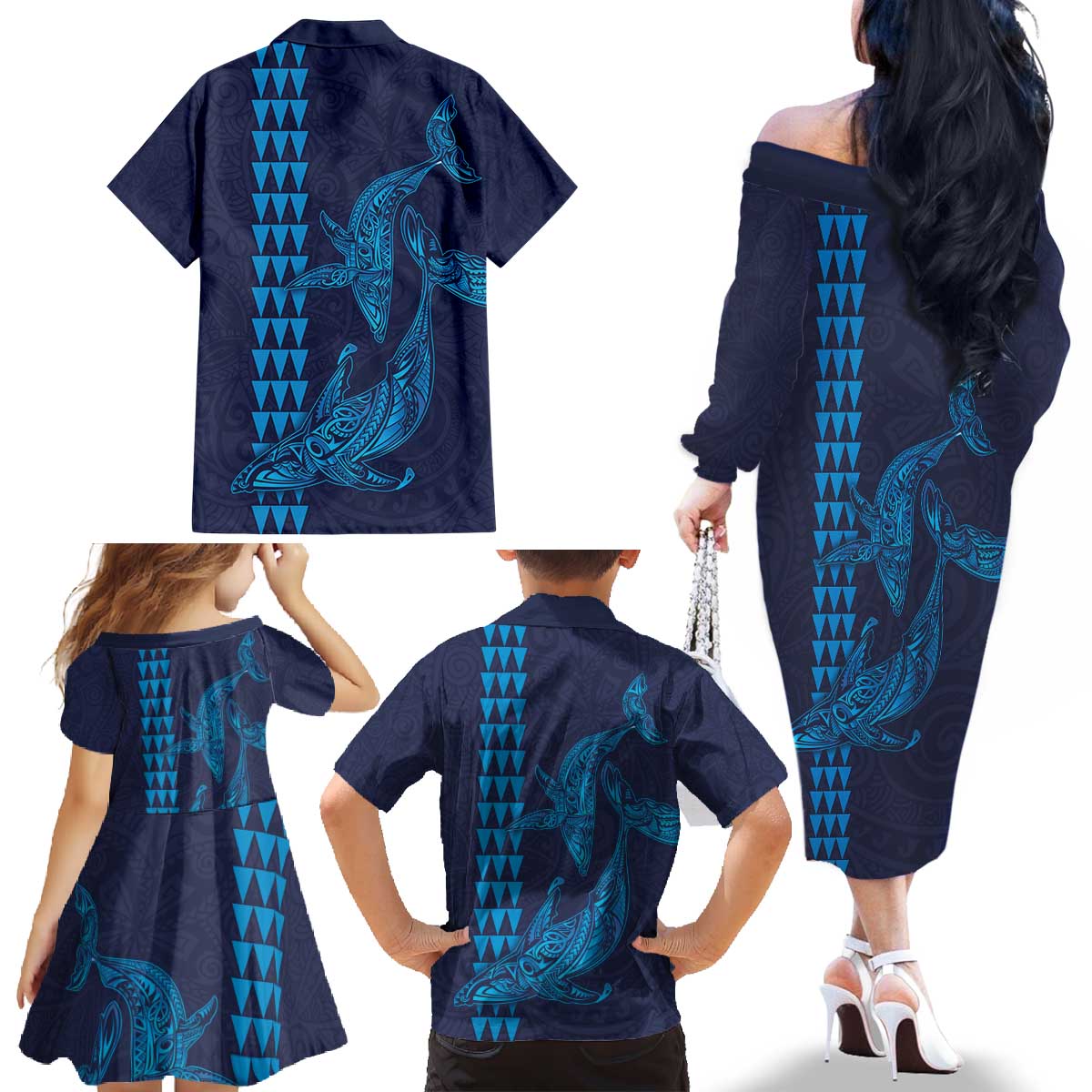 Aloha Hawaii Whale Kakau and Polynesian Tattoo Family Matching Off The Shoulder Long Sleeve Dress and Hawaiian Shirt Dark Navy Color LT03 - Polynesian Pride