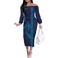 Aloha Hawaii Whale Kakau and Polynesian Tattoo Family Matching Off The Shoulder Long Sleeve Dress and Hawaiian Shirt Dark Navy Color LT03 Mom's Dress Dark Navy - Polynesian Pride
