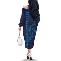 Aloha Hawaii Whale Kakau and Polynesian Tattoo Family Matching Off The Shoulder Long Sleeve Dress and Hawaiian Shirt Dark Navy Color LT03 - Polynesian Pride