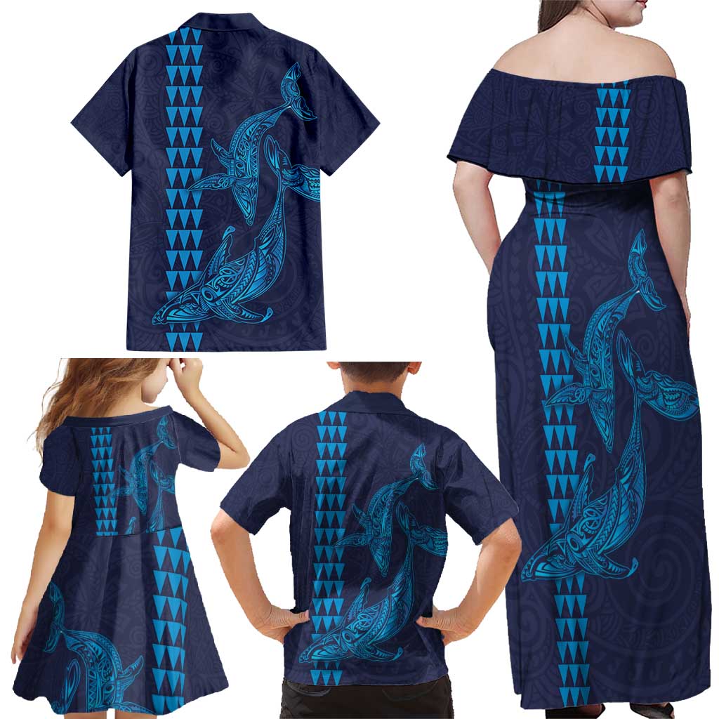 Aloha Hawaii Whale Kakau and Polynesian Tattoo Family Matching Off Shoulder Maxi Dress and Hawaiian Shirt Dark Navy Color LT03 - Polynesian Pride
