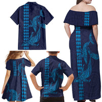 Aloha Hawaii Whale Kakau and Polynesian Tattoo Family Matching Off Shoulder Maxi Dress and Hawaiian Shirt Dark Navy Color LT03 - Polynesian Pride