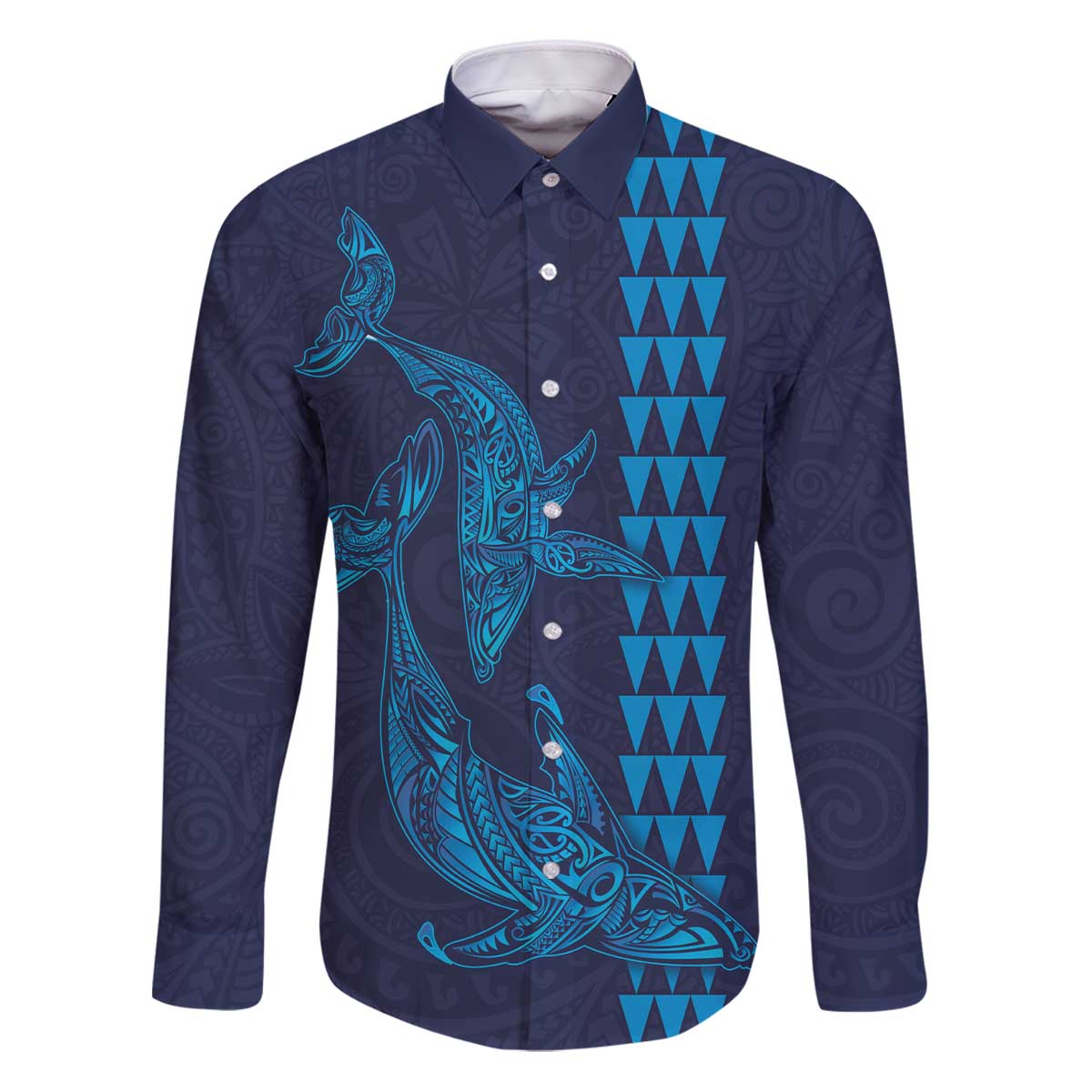 Aloha Hawaii Whale Kakau and Polynesian Tattoo Family Matching Puletasi and Hawaiian Shirt Dark Navy Color LT03 Dad's Shirt - Long Sleeve Dark Navy - Polynesian Pride