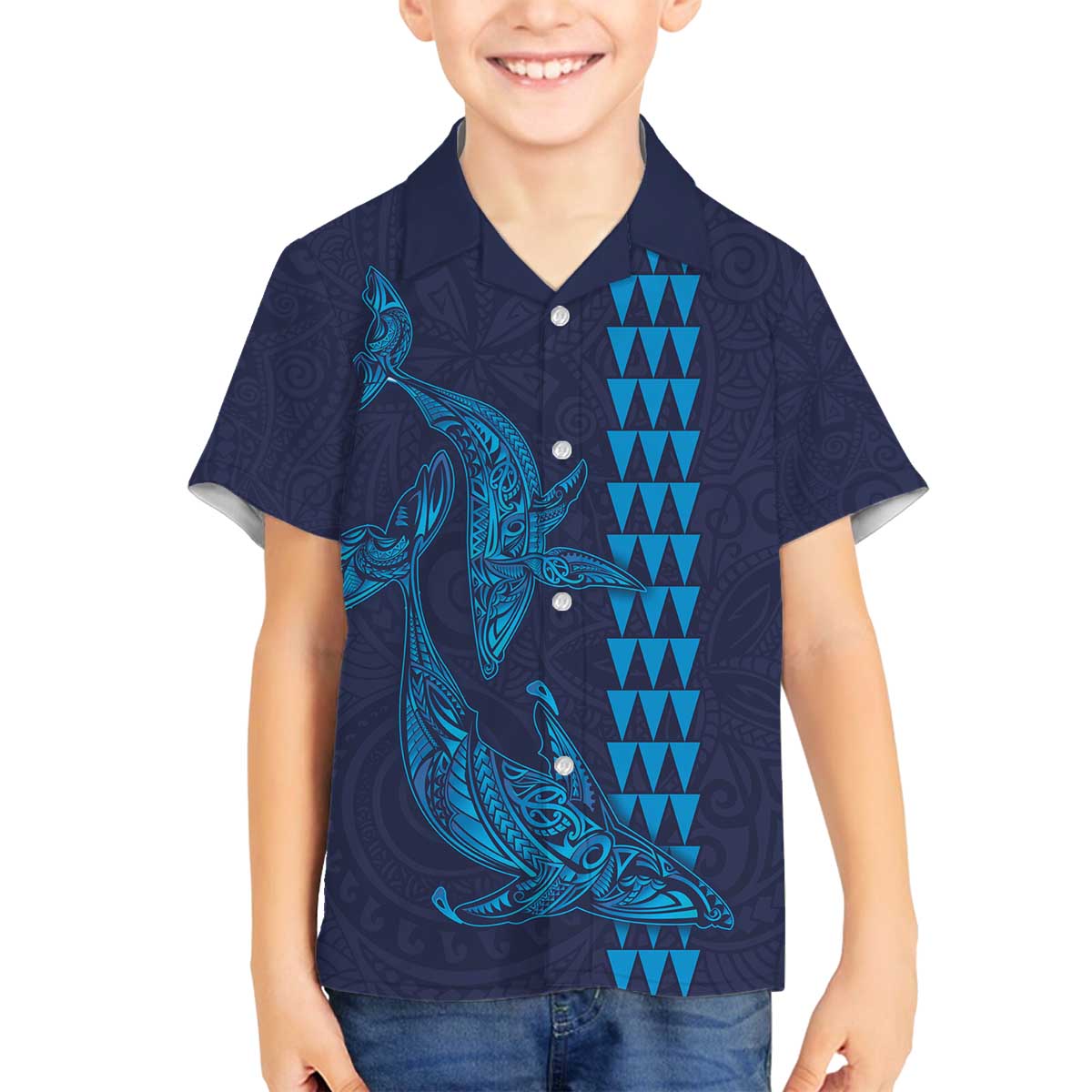 Aloha Hawaii Whale Kakau and Polynesian Tattoo Family Matching Puletasi and Hawaiian Shirt Dark Navy Color LT03 Son's Shirt Dark Navy - Polynesian Pride