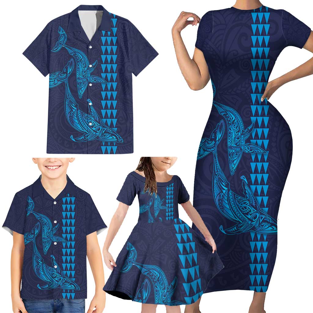 Aloha Hawaii Whale Kakau and Polynesian Tattoo Family Matching Short Sleeve Bodycon Dress and Hawaiian Shirt Dark Navy Color LT03 - Polynesian Pride